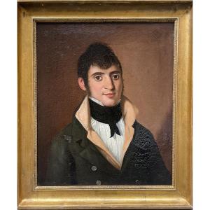 Ritratto maschile, 1810–1820, giovane bruno con colletto alto e cravatta nera. Epoca Impero