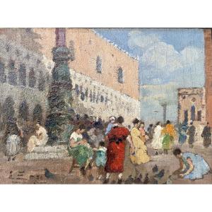 Ermo Zago (Bovolone, 1880 – Milano, 1942). Veduta del Palazzo Ducale a Venezia, anni 1920