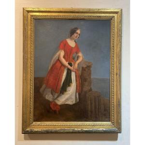 Ritratto romantico di donna in abito orientalista tra le rovine greche, ca. 1840