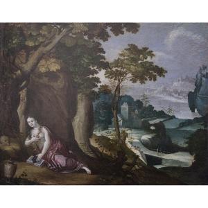 Scuola fiamminga, paesaggio boschivo con castello e città sul colle vicino al fiume, XVII sec