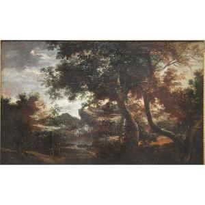 Scuola olandese, XVII secolo – Paesaggio montuoso e viandanti, ambito di Ruysdal