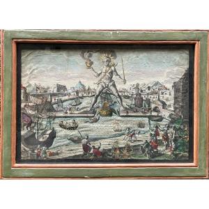 Il Colosso di Rodi – Vue d’optique giorno/notte, serie delle Sette Meraviglie, Probst. ca1770  