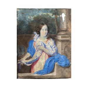 Ritratto di scuola olandese, circa 1670, giovane dama nel giardino davanti a balaustra