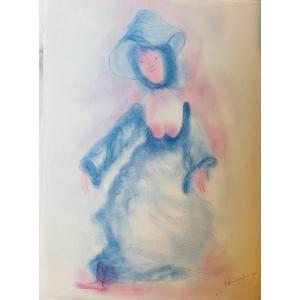 Antonio Monasterio – Donna in abito blu con cappello, pastello firmato, N. 11  