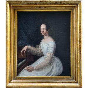 Ritratto di giovane donna al pianoforte da tavolo, circa 1830