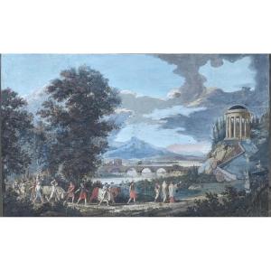 Gouache neoclassica con tempio rotondo, ponte e sarcofago, gusto Grand Tour