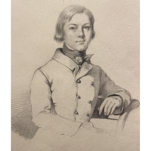 Ritratto giovane uomo cravatta a stock, disegno a grafite, Restaurazione XIX secolo 