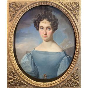 Ritratto di dama con ferronnière e abito azzurro. Scuola austriaca o nord italiana, ca. 1830