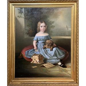 Ritratto di bambina con cane e modellino di casa tirolese, Nord Italia o Austria 1835