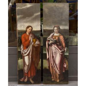 Santa Caterina e San Giovanni, due ante di polittico, scuola fiamminga, XVI secolo