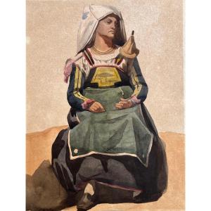 Donna italiana in costume della Ciociaria o d’Abruzzo, con fuso, XIX secolo  Acquerello 