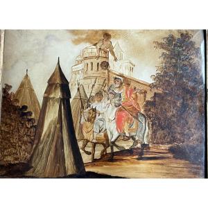 Dipinto sottovetro con scena di assedio e accampamento militare, XVIII secolo, Venezia (?)