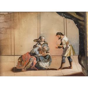 Dipinto sottovetro raffigurante Sansone e Dalila, XVIII secolo, Venezia (?) 