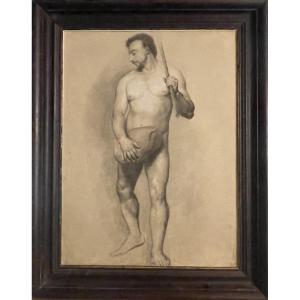 Studio accademico di nudo maschile con baffi e bastone, scuola fiorentina, XVIII - inizio XIXs 