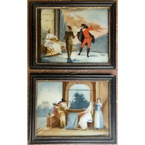 Dipinti sottovetro con scene galanti e musicali nel gusto di Pietro Longhi Venezia . XVIII sec