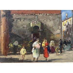 Piccola veduta di Venezia con mercato presso una chiesa, Erma Zago (1880-1942)