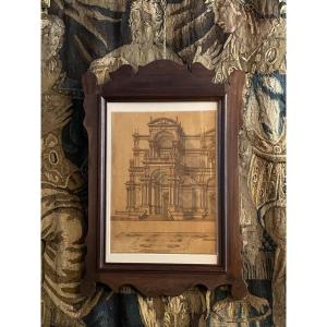 Disegno d'architettura: facciata monumentale con statue e obelischi, XVIII secolo