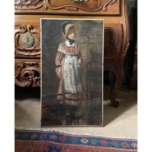 Studio di giovane donna con cappello di paglia e abito a righe, scuola francese, fine XIX sec
