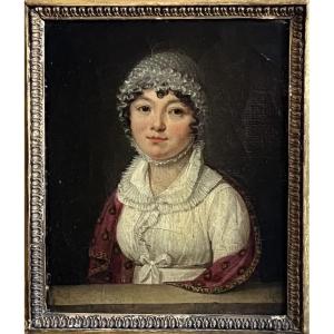 Ritratto di dama con cuffia e scialle rosso, scuola francese, circa 1820