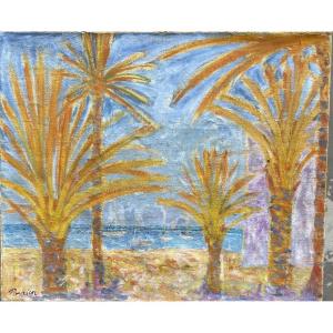 Paesaggio mediterraneo con palme e barche a vela firmato Poirier, circa 1940–1960