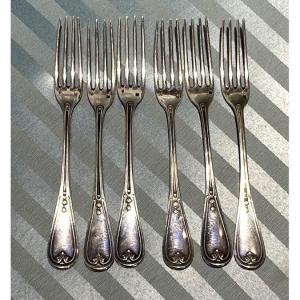     Sei forchette in argento Puiforcat con stemma nobiliare, ca. 1890