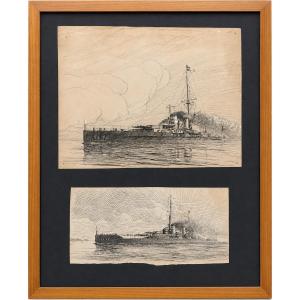 Due disegni a inchiostro di corazzate in mare – Pierre Leconte (1894-1946)  Inchiostro su carta
