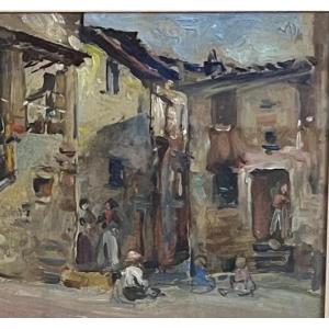 Alfonso Hollaender, Case di un borgo toscano con figure, firmato  
