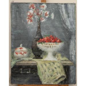 Henry Déziré (1878–1965) – Nature morte aux fraises et aux fleurs, signée circa 1930