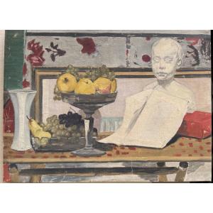Henry Déziré (1878–1965), Natura morta d’atelier con busto e frutta Olio su tela 81 × 60 cm