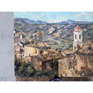 Germain David-Nillet (Parigi, 1861–1932) – Veduta di borgo e paesaggio montano, firmato 
