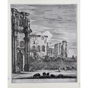 Stefano della Bella, Arco di Costantino e Colosseo, acquaforte XVII secolo, filigrana Colbert