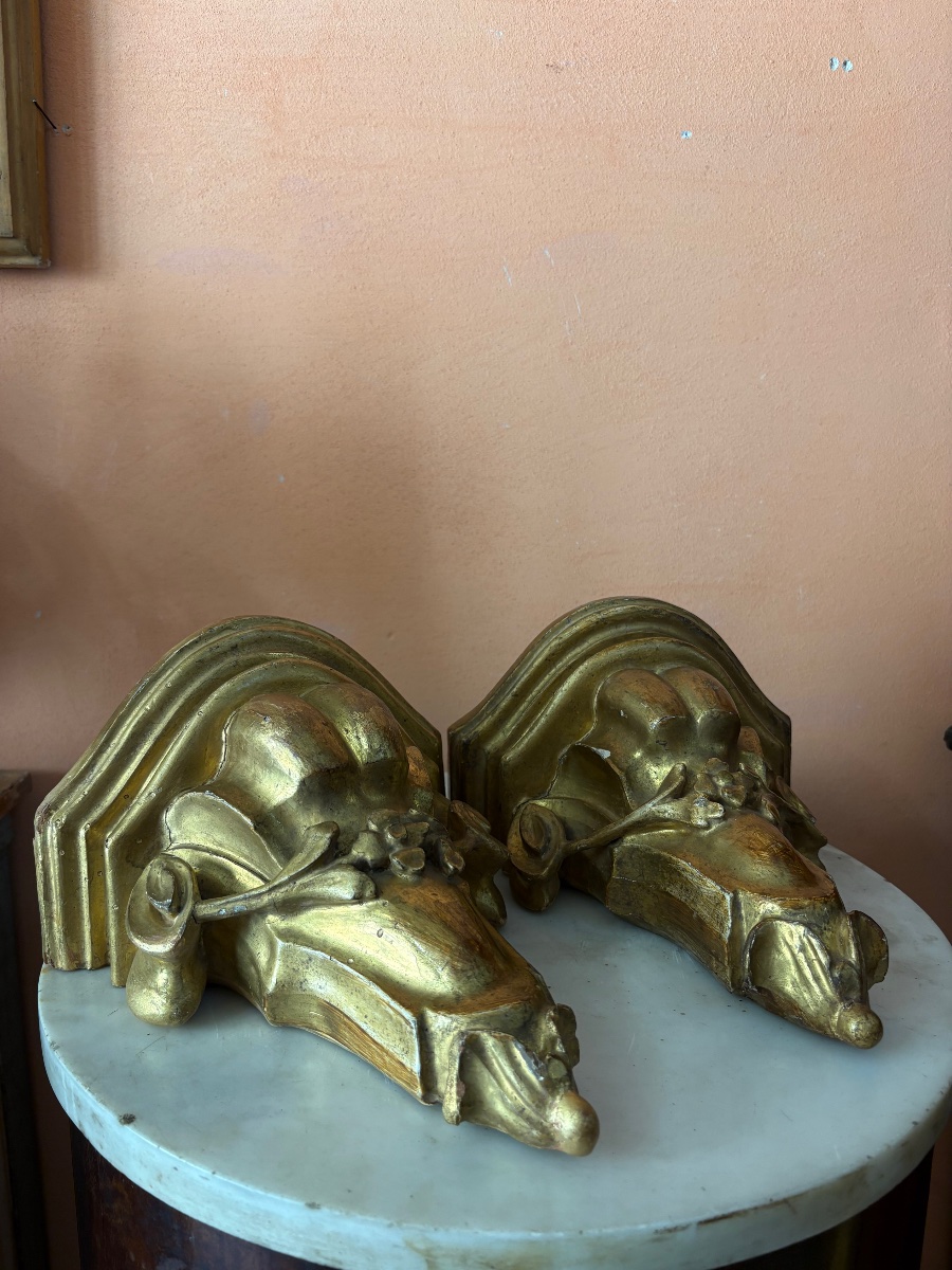 Coppia di Mensole in legno intagliato e Dorato . Toscana sec . XVIII 
