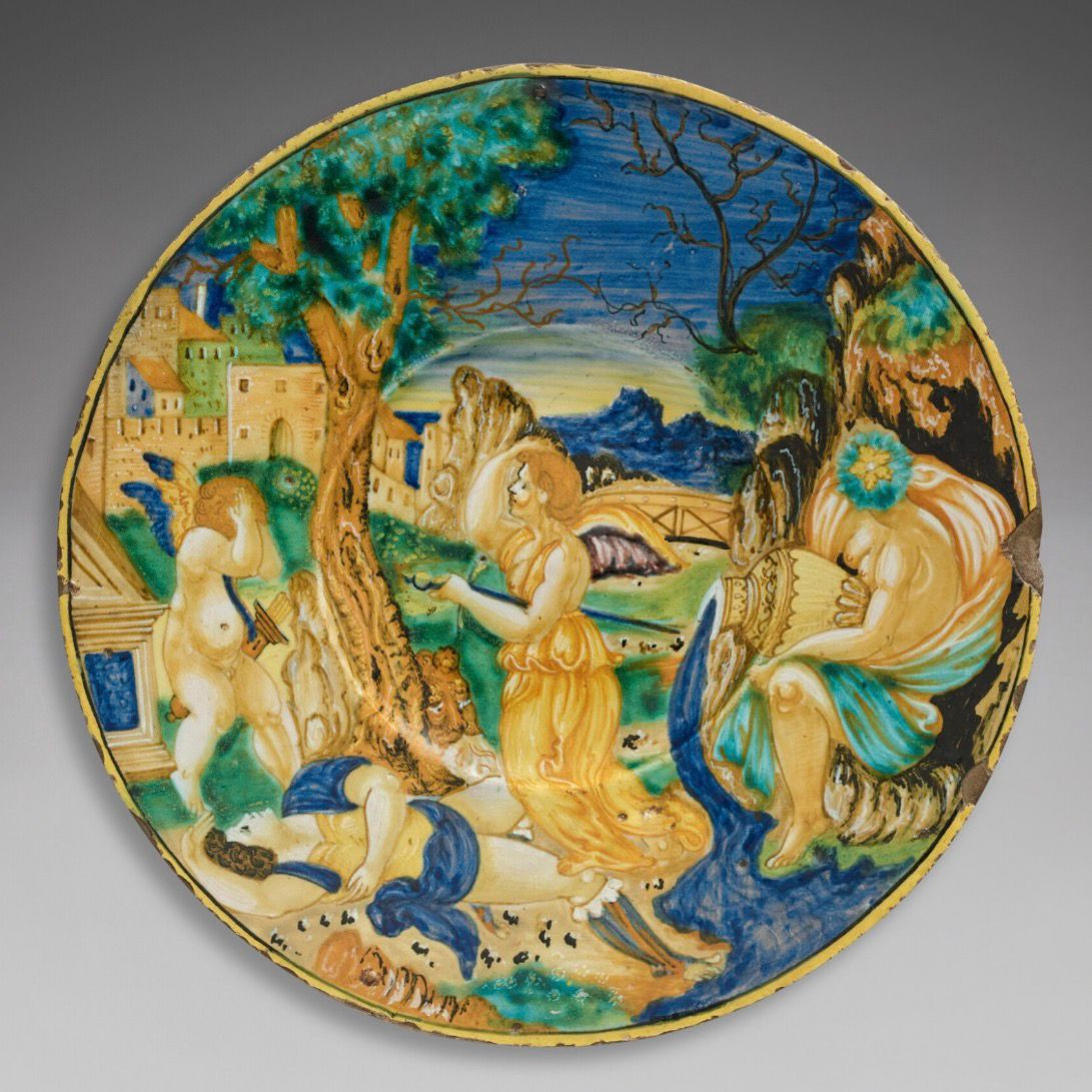 Piatto istoriato in maiolica di Urbino, collaboratore di Francesco Xanto Avelli datato 1534
