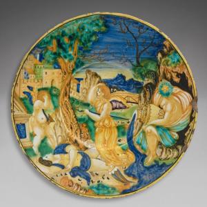Piatto istoriato in maiolica di Urbino, collaboratore di Francesco Xanto Avelli datato 1534