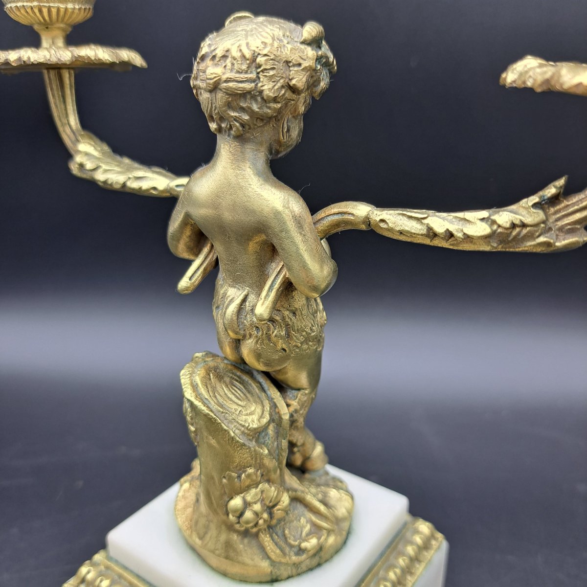 COPPIA DI CANDELABRI IN BRONZO DORTO E MARMO EPOCA NAPOLEONE III-photo-1