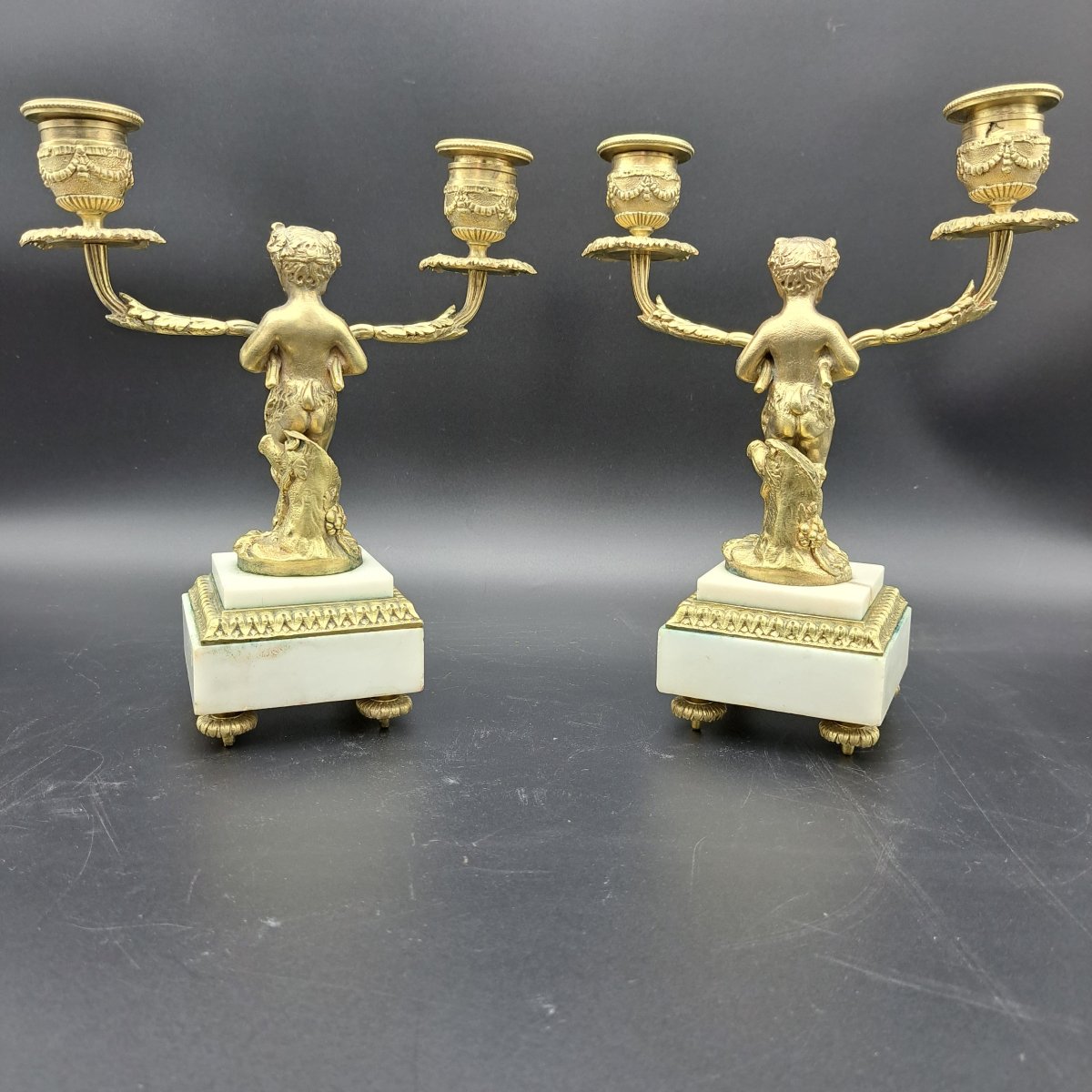 COPPIA DI CANDELABRI IN BRONZO DORTO E MARMO EPOCA NAPOLEONE III-photo-5