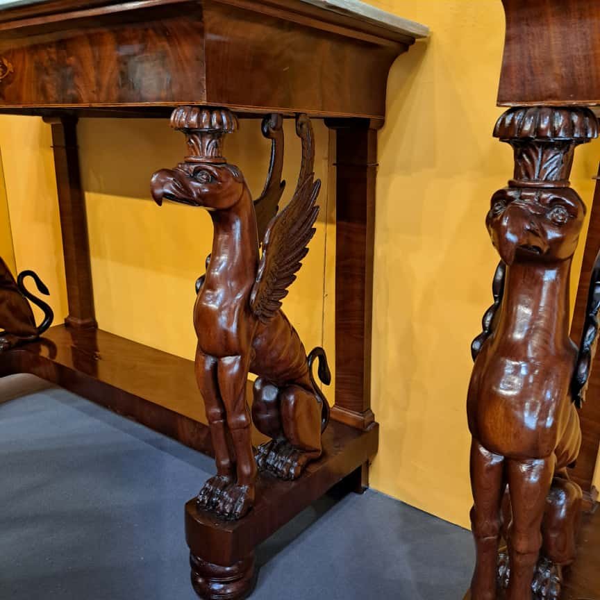 COPPIA DI CONSOLLE RETOUR D'EGYPT CON GRIFONI ALATI FINE DEL XVIII SECOLO-photo-5