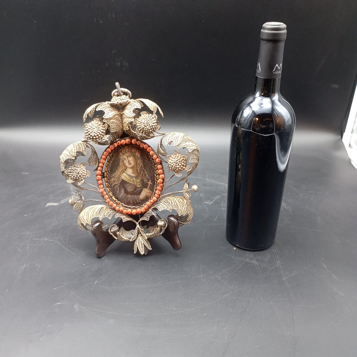 CAPEZZALE IN FILIGRA D'ARGENTO CON PICCOLO DIPINTO RAFFIGURANTE SANTA ROSALIA-photo-1