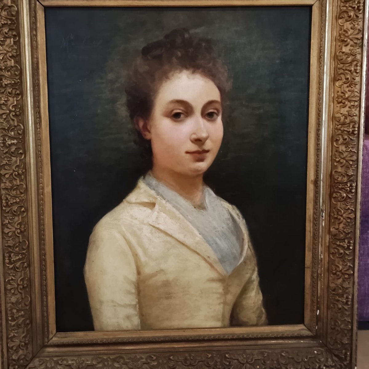 DIPINTO ANTICO RITRATTO DI GIOVANE DONNA DELLA FINE DEL XIX SECOLO FIRMATO FRANCOIS VINCENT M. -photo-3