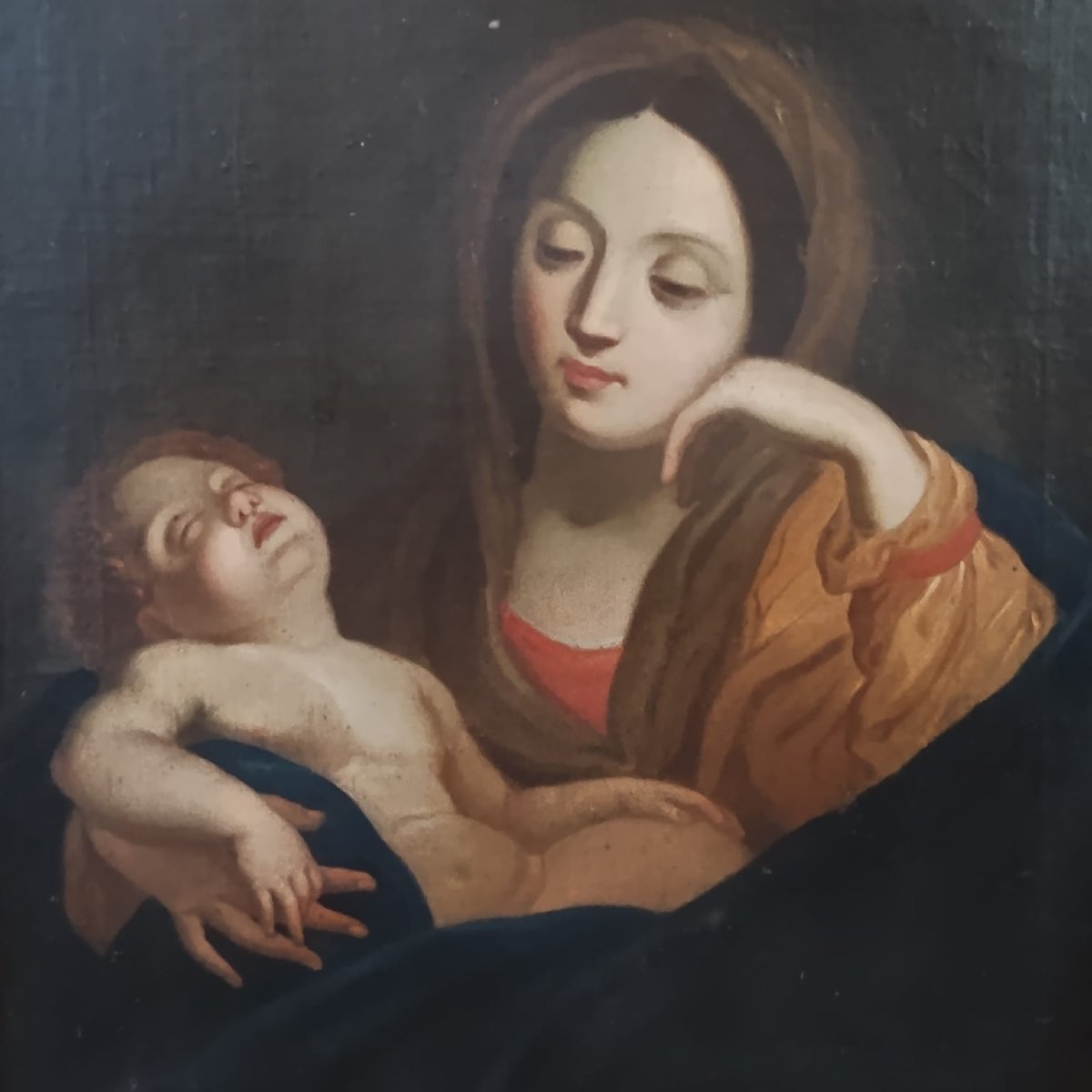 ANTICO DIPINTO OLIO SU TELA MADONNA CON BAMBINO DELLA FINE DEL XVIII SECOLO-photo-4