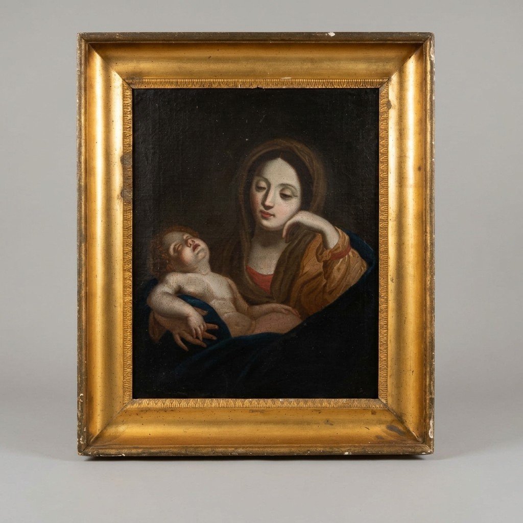 ANTICO DIPINTO OLIO SU TELA MADONNA CON BAMBINO DELLA FINE DEL XVIII SECOLO-photo-5