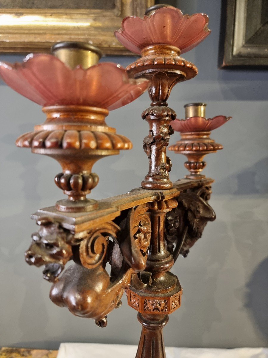 Bellissima coppia di candelabri in legno intagliato -photo-2