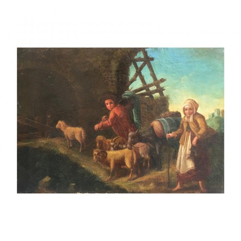 Coppia di due dipinti veneti olio su tela raffiguranti paesaggi con figure-photo-2