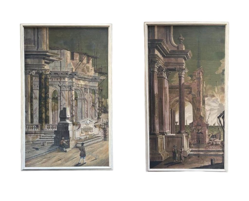 Coppia di dipinti raffiguranti capricci architettonici 