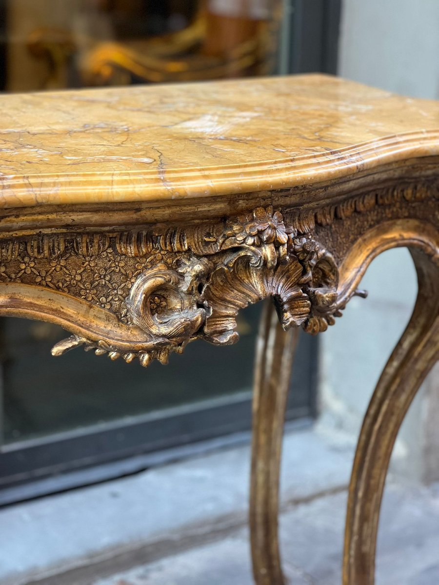 Console rocaille in legno intagliato e dorato-photo-3
