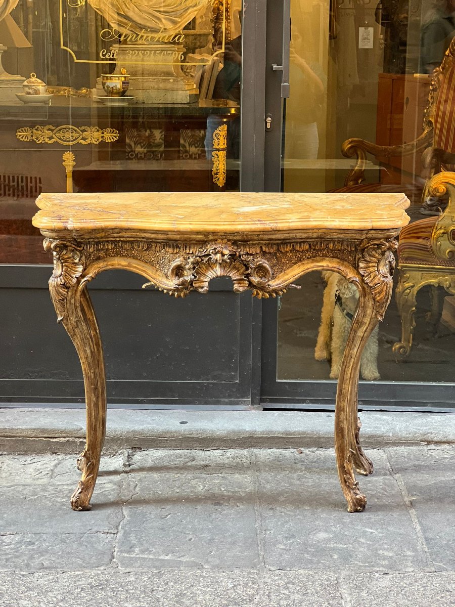 Console rocaille in legno intagliato e dorato-photo-1