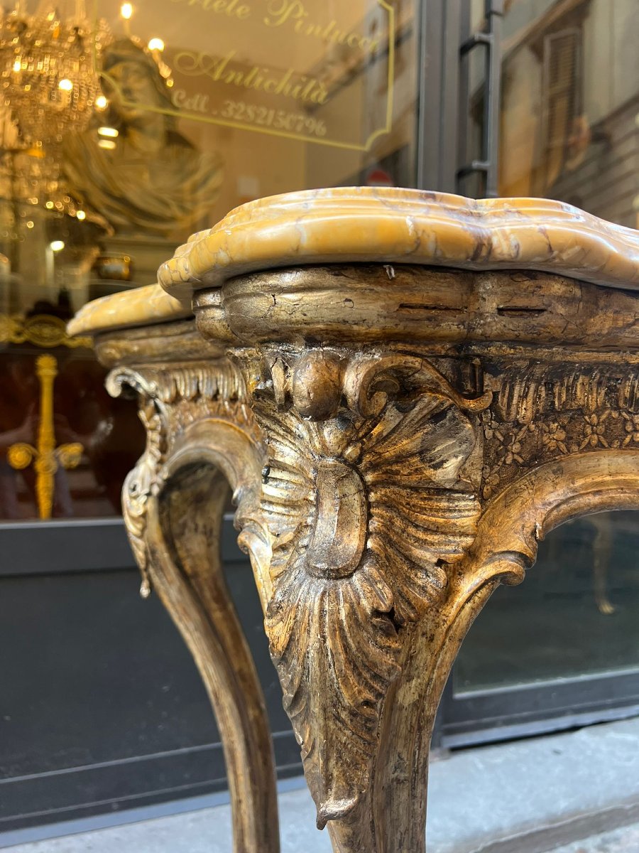 Console rocaille in legno intagliato e dorato-photo-8