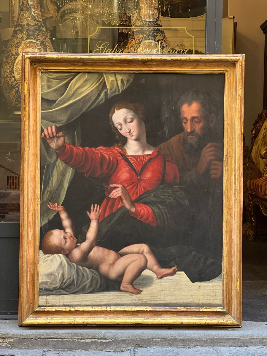 Dipinto olio su tavola raffigurante Sacra Famiglia-photo-2