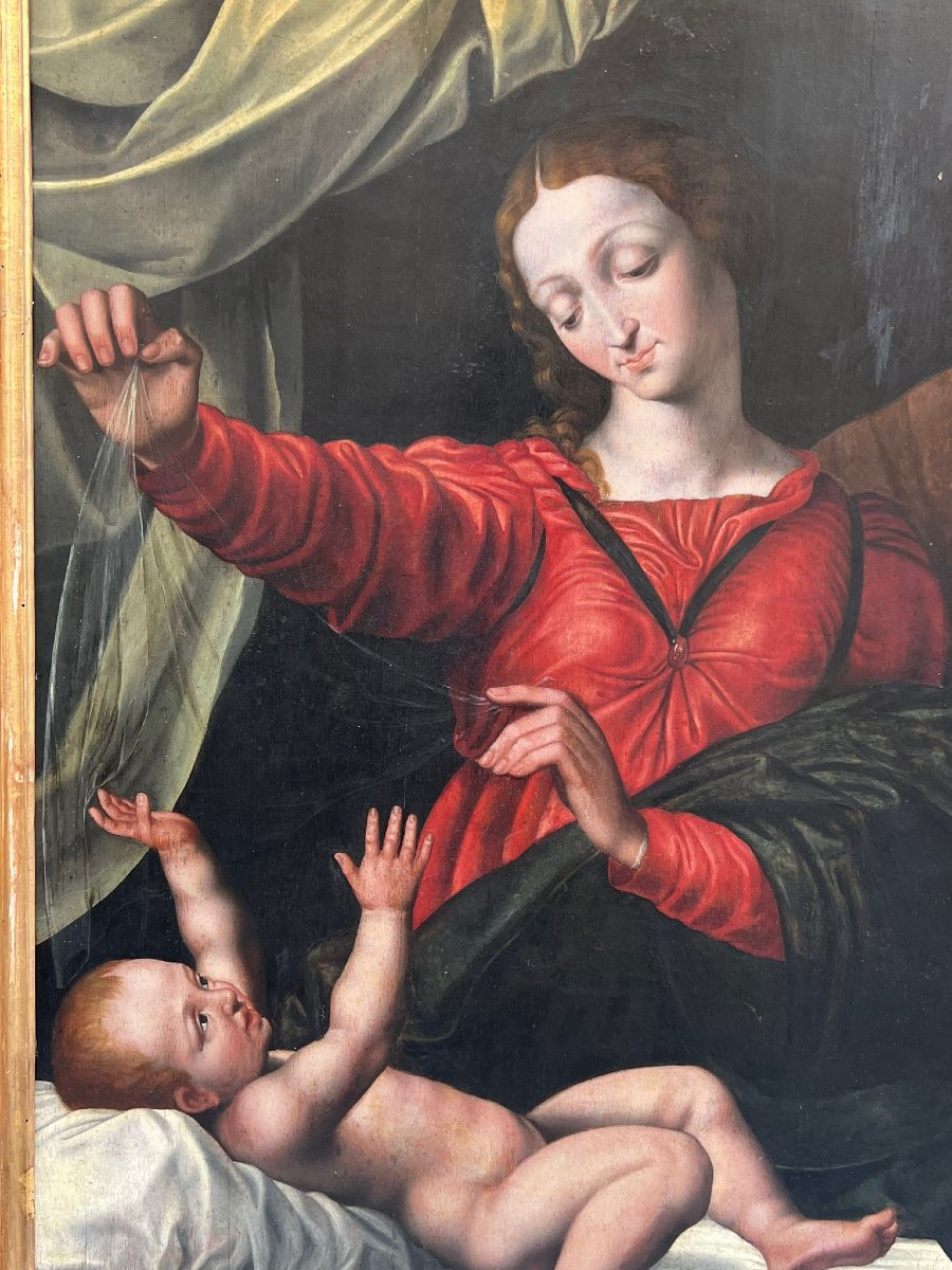 Dipinto olio su tavola raffigurante Sacra Famiglia-photo-3