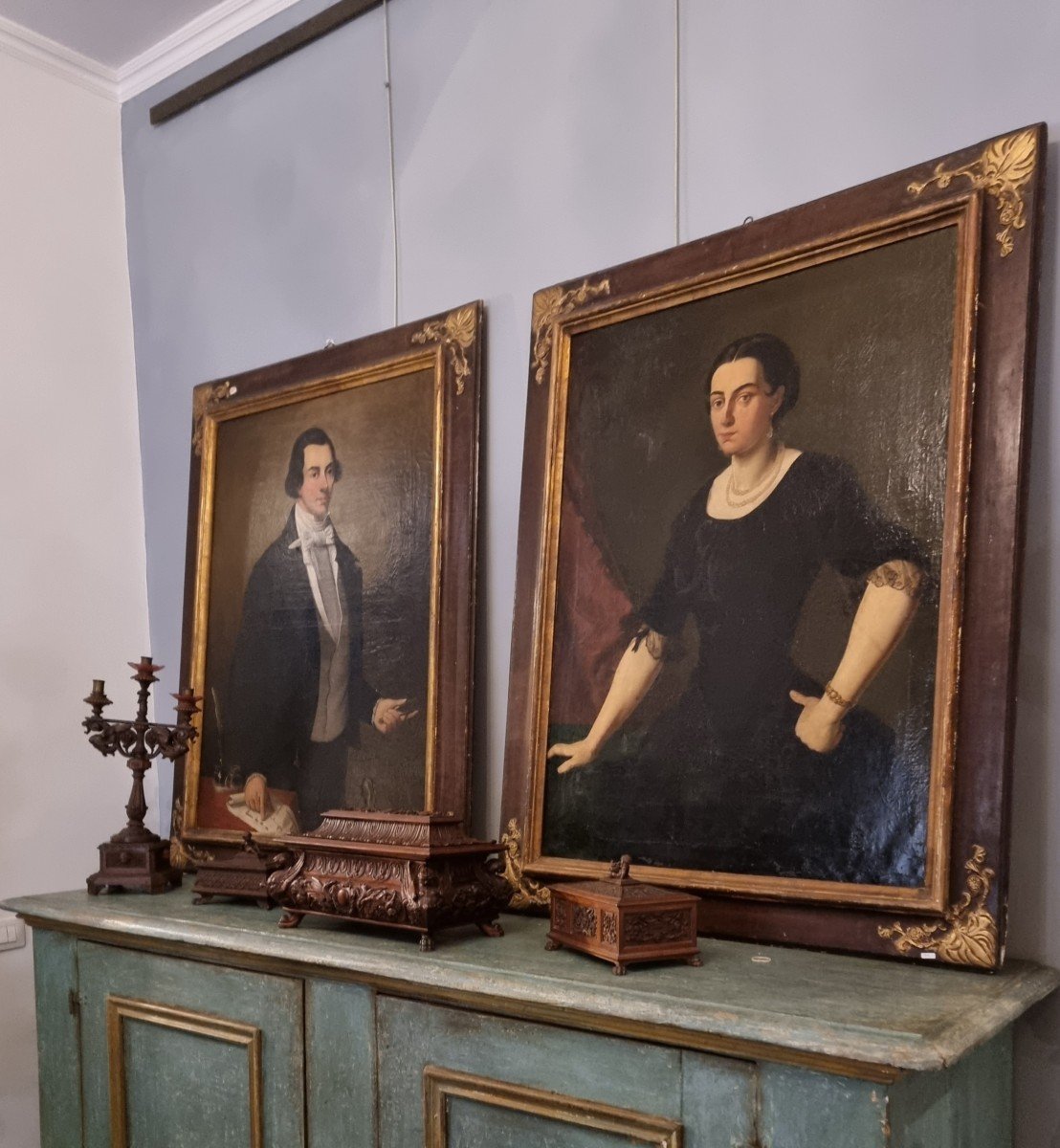 Grande Coppia Di Dipinti Ritratti  Maschile E Femminile 